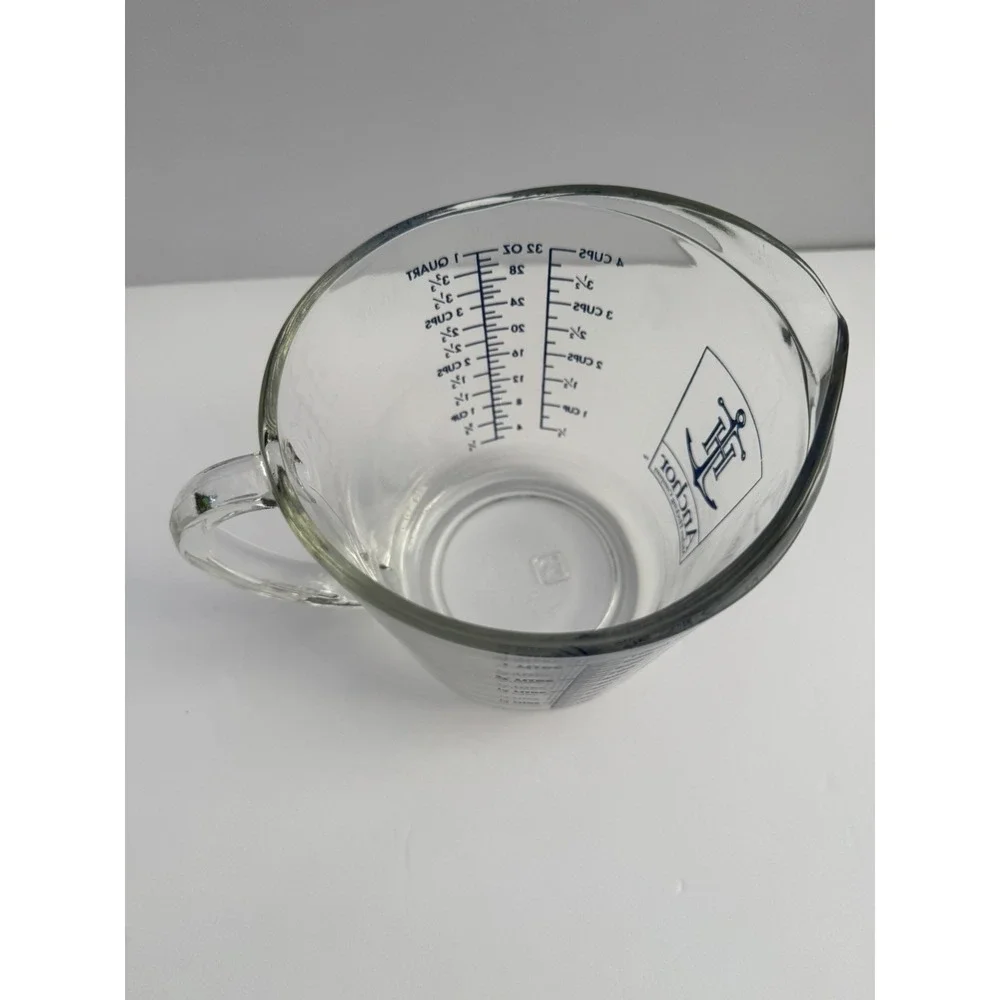 Vintage Anchor Hocking Blue Lettering 4-Cup Glass Measuring Cup 32 Oz- 1 Quart